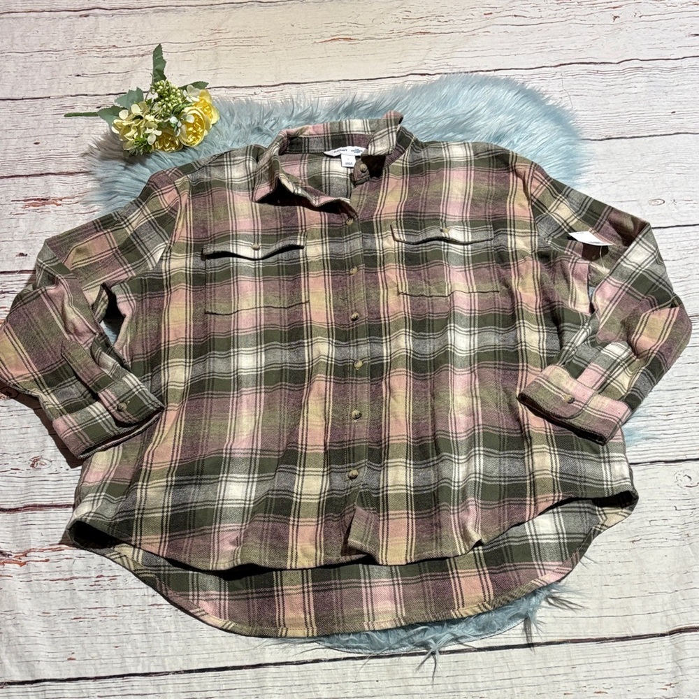 NWT Old Navy The Boyfriend Plaid Green Pink Button Down Shirt sz L